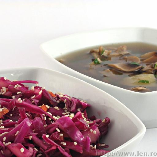 Red cabbage salad and mushroom soup