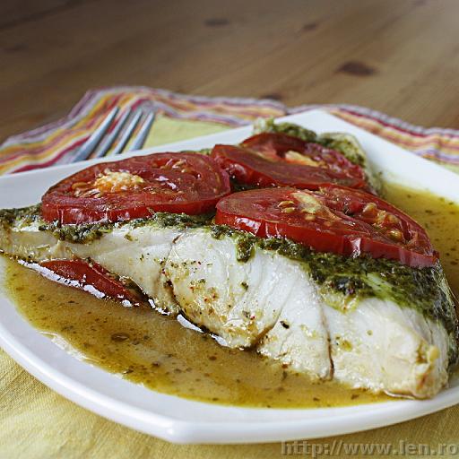 Perch fish with basil pesto and tomatoes